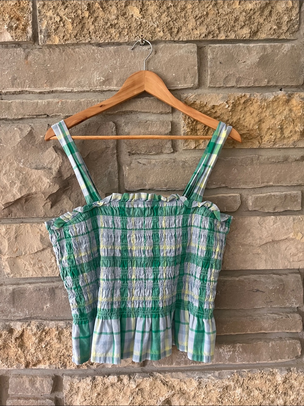 Free Assembly blue and green plaid ruched peplum top size large